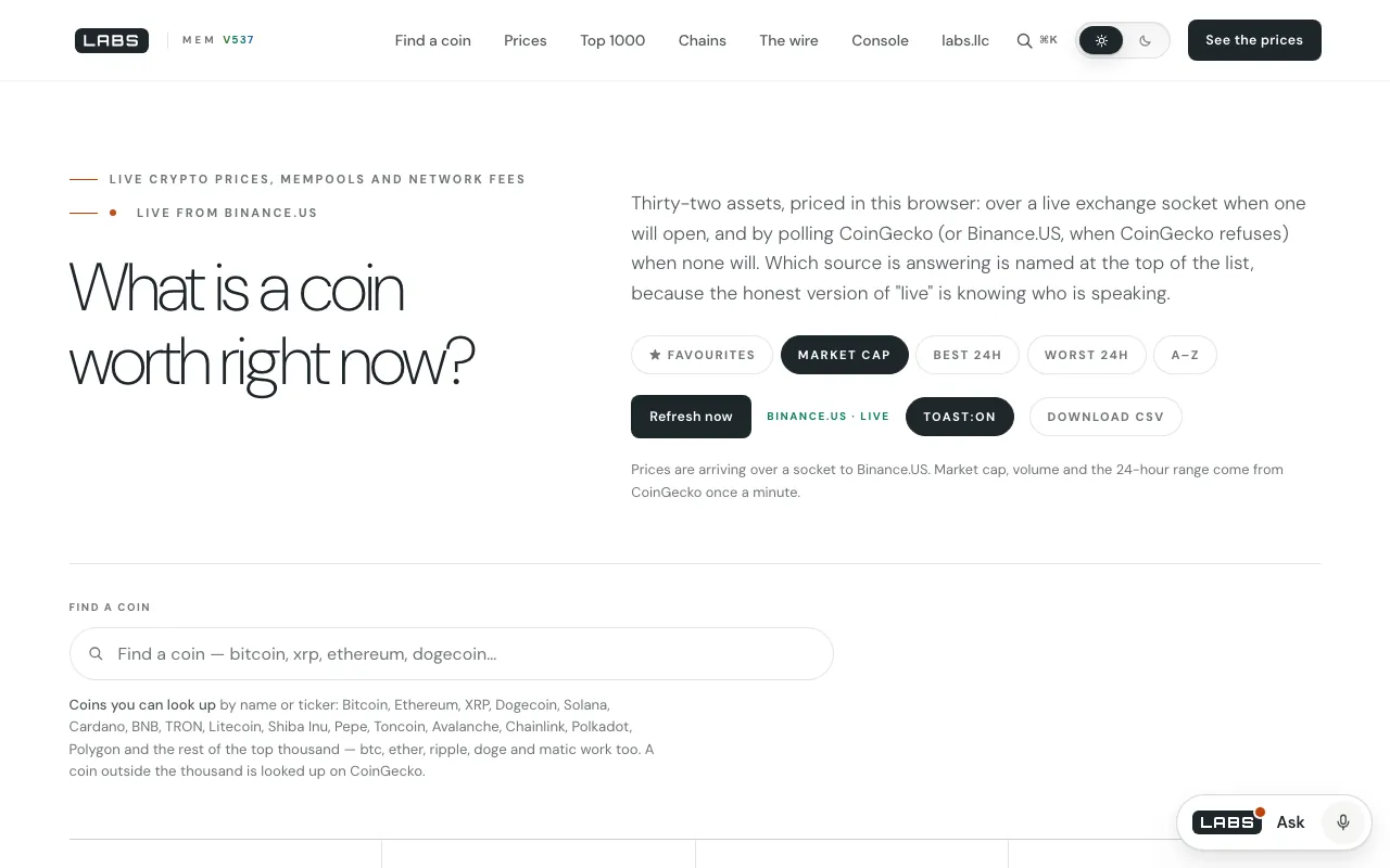 The crypto desk on labs.llc: the headline “What is a coin worth right now?”, a note that prices are arriving over a socket to Binance.US, sort buttons, and a “Find a coin” search box.