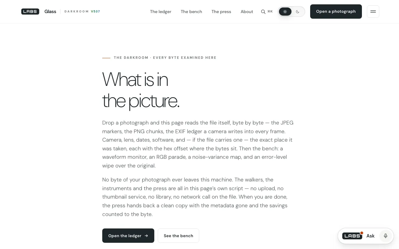 The Glass page on labs.llc: the headline “What is in the picture.”, two paragraphs explaining the byte-by-byte reading and that no byte leaves the machine, and buttons to open the ledger or see the bench.