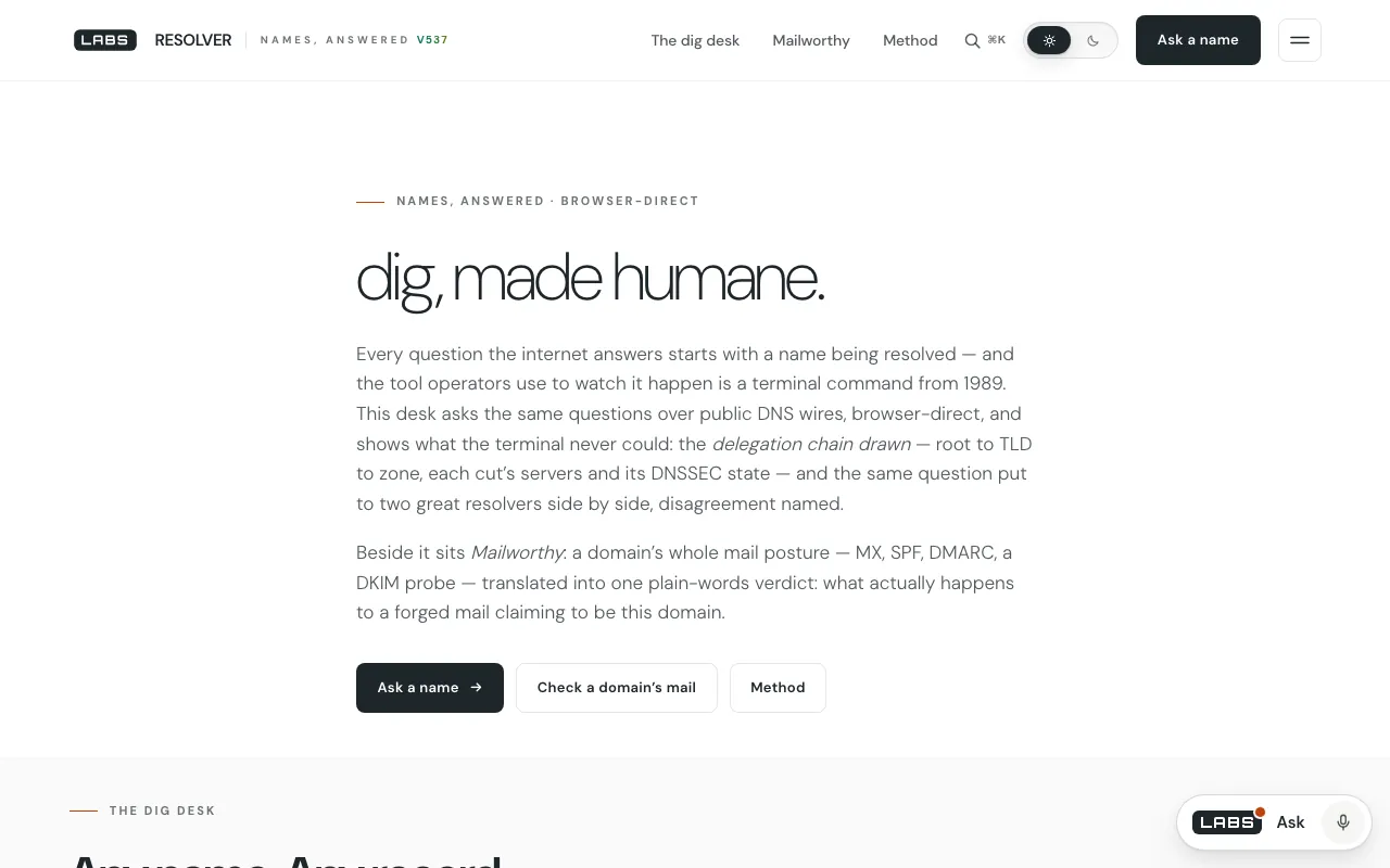 The Resolver page on labs.llc: the headline “dig, made humane.”, paragraphs on the delegation chain, the two-resolver comparison and the Mailworthy verdict, and buttons to ask a name, check a domain’s mail or read the method.