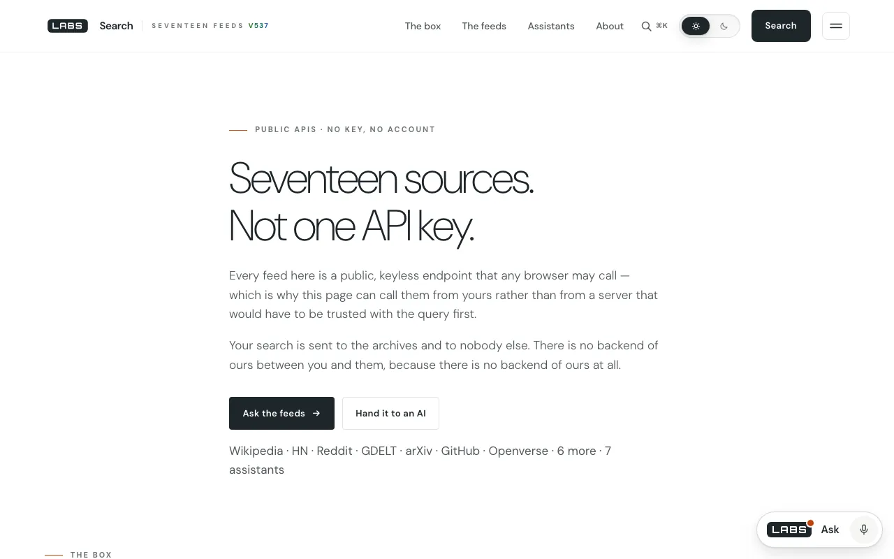 The Search page on labs.llc: the headline “Everything at once, or exactly one thing.”, a short explanation, buttons to ask the feeds or hand the query to an AI, and a line listing Wikipedia, HN, Reddit, GDELT, arXiv, GitHub, Openverse and six more.