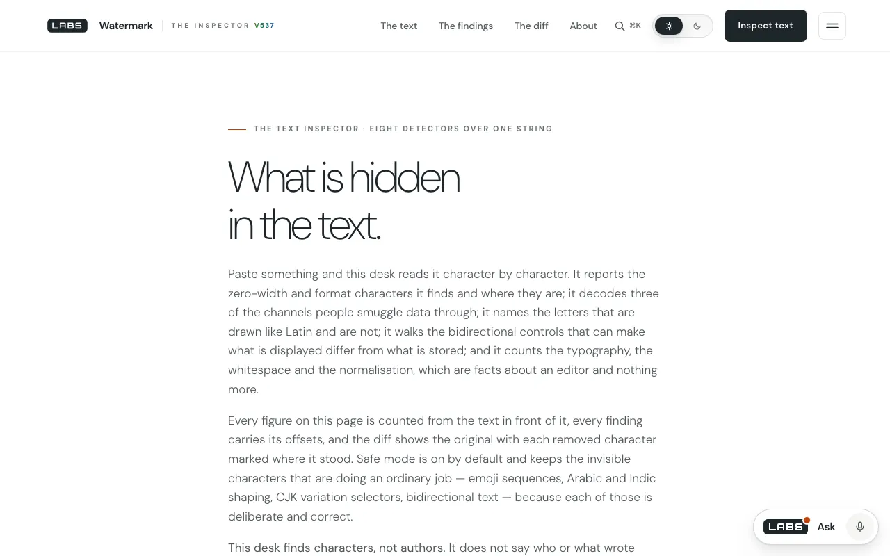 The Watermark page on labs.llc: the headline “What is hidden in the text.” over paragraphs describing the detectors, the offsets and safe mode.