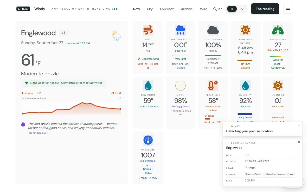 The Windy console on labs.llc reading Englewood, US: 62 °F and moderate rain, a 24-hour temperature trend, and a grid of instrument tiles for wind, precipitation, cloud, sunrise, air quality, dew point, moon, feels-like, humidity, UV and pressure, with a load card naming Open-Meteo as the source.